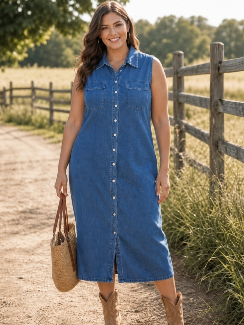 Vintage 90s Denim Maxi Dress Sleeveless Button Front Modest Country Rodeo Cotton